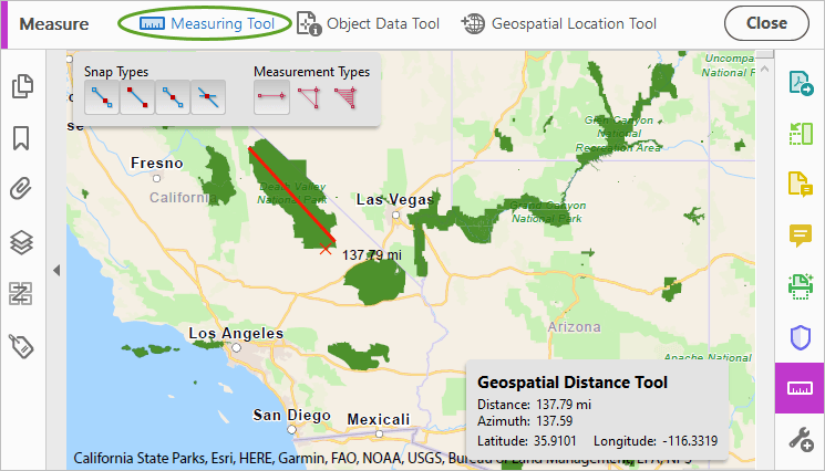 Georeferenced PDF shown in Adobe Acrobat with Measure tool results for a park in a US map