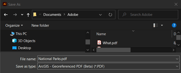 Save As window in Adobe Illustrator with ArcGIS - Georeferenced PDF format selected
