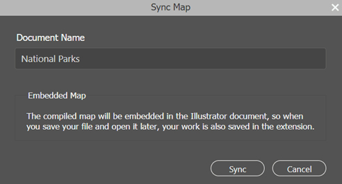 Sync Map window with the new Document Name field populated with a custom name