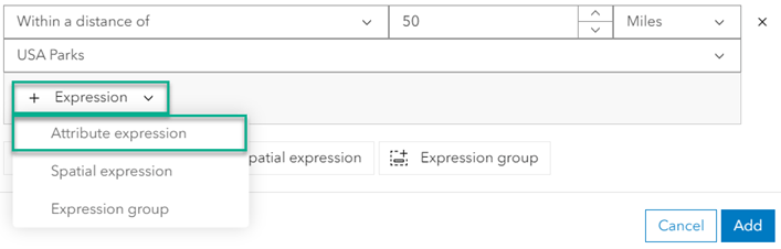 The Expression button selected, then the Attribute button selected from within the Query builder