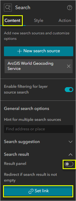 Screenshot of the Search widget's Content settings