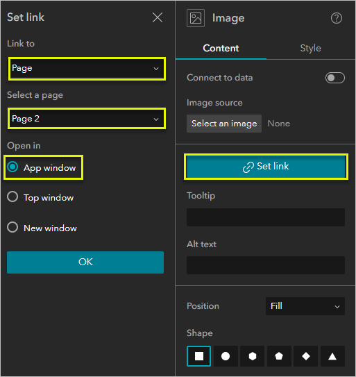 Screenshot of the Set link panel and the Image widget's settings