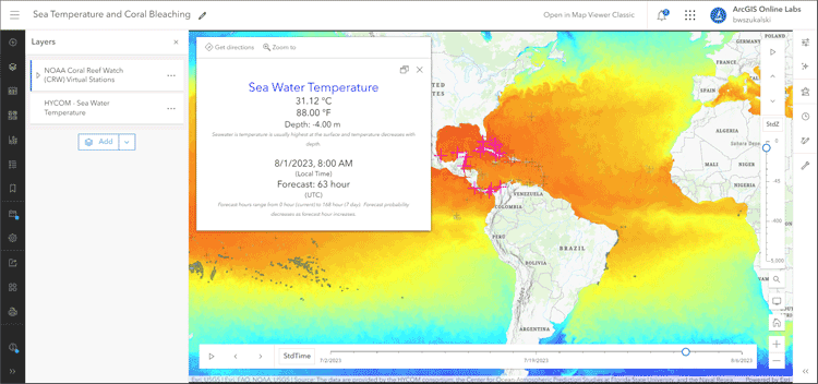 Sea temperature and coral bleaching map
