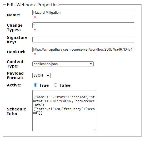 ArcGIS Server feature service webhook setup, properties dialog