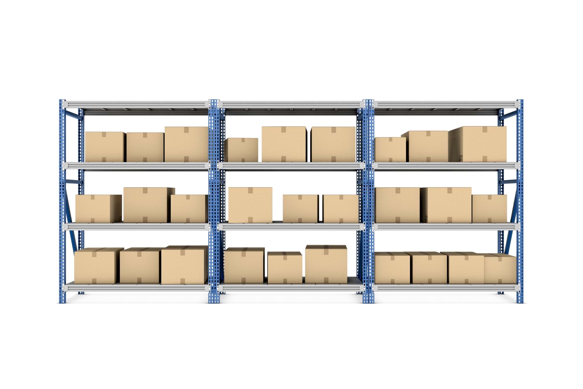 Rendering three metal racks put together with beige cardboard boxes of different size stored there, isolated on the white background.