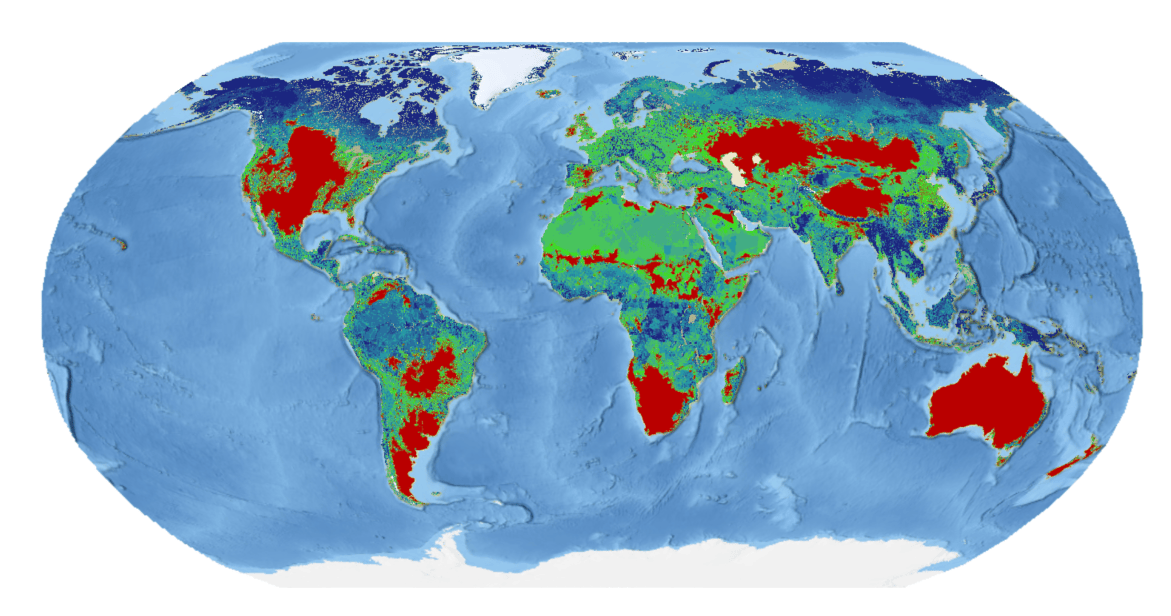 Map of the globe with various areas on each continent shaded in red