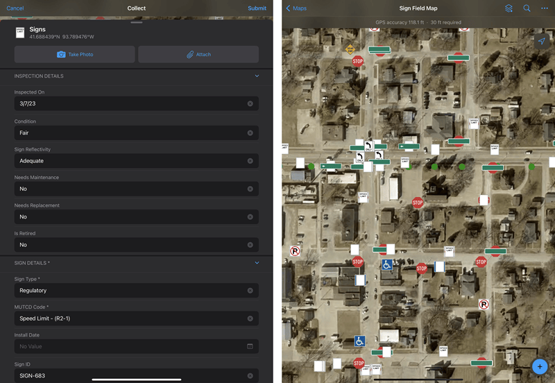 A Field Map survey on the left with the corresponding Field Map showing sign type and placement on the right. A Field Map survey on the left with the corresponding Field Map showing sign type and placement on the right.