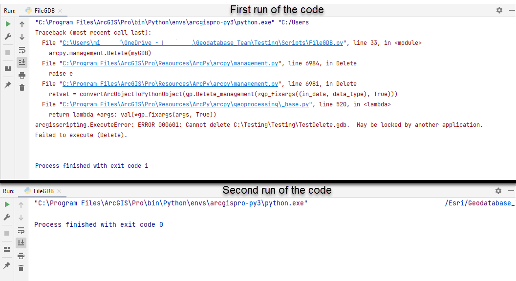 Illustration of code shows the error of locked by another application on first run and no error on second execution.