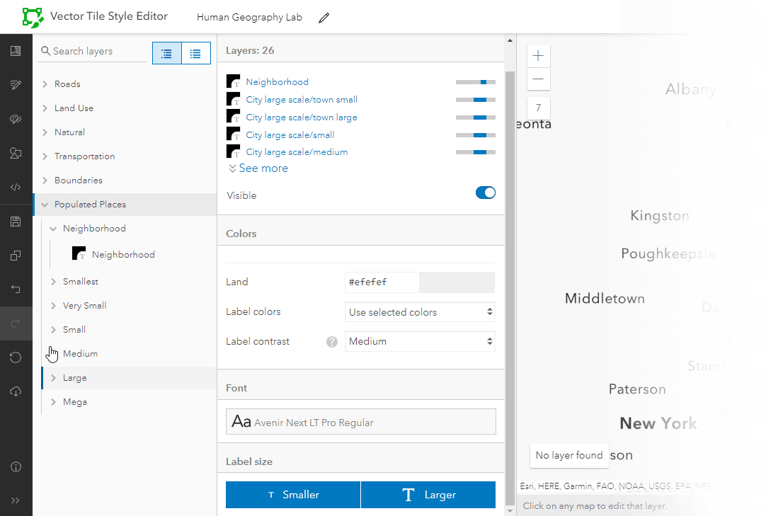 The 'Edit Layer Styles' option in the Vector Tile Style Editor, with the 'Populated Places' group selected The 'Edit Layer Styles' option in the Vector Tile Style Editor, with the 'Populated Places' group selected