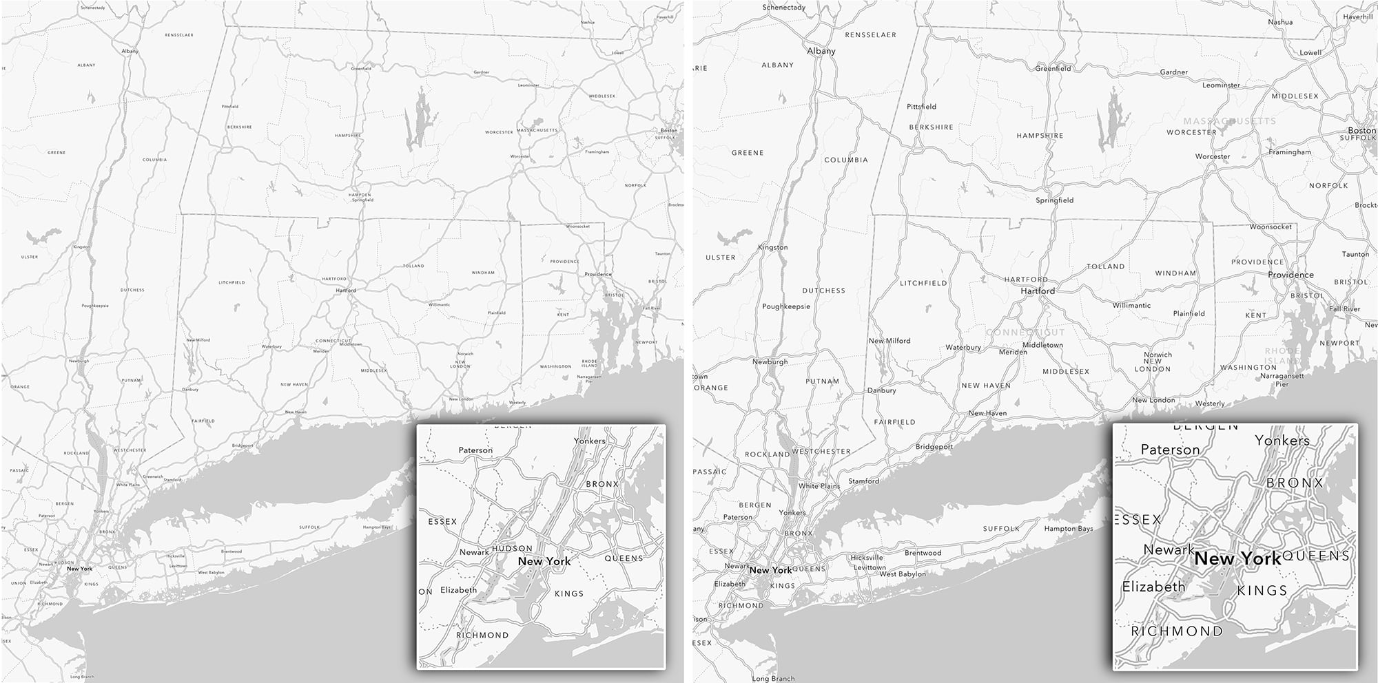 Two maps of the New York City area, built twice size. One with default labeling, and one with the size increased.