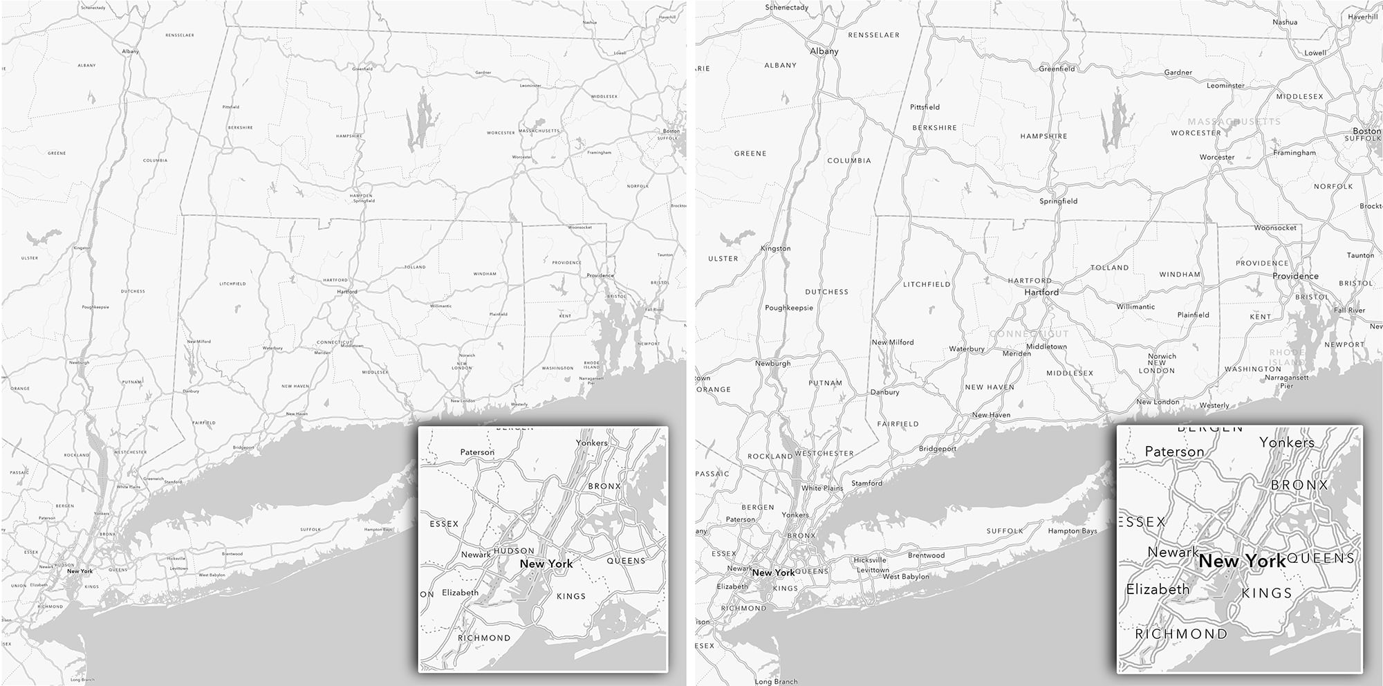 Two maps of the New York City area, built twice size. One with default labeling, and one with the size increased. Two maps of the New York City area, built twice size. One with default labeling, and one with the size increased.