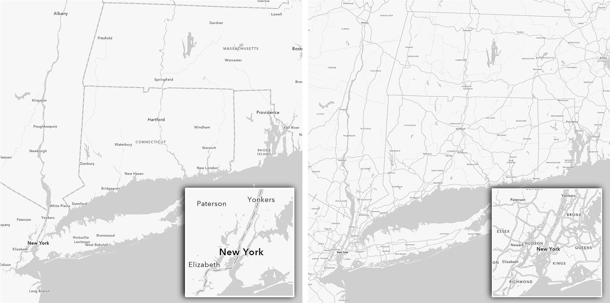 Two maps of the New York City area, one built at scale with minimal content, and one twice size with improved content Two maps of the New York City area, one built at scale with minimal content, and one twice size with improved content