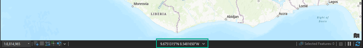 Map display showing changed latitude and longitude in the coordinate display