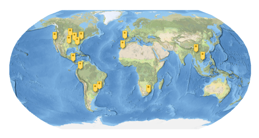 A map of the globe with a dozen various locations pinned