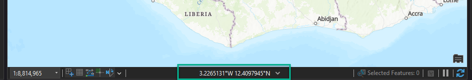 Map display showing longitude and latitude in the coordinate display