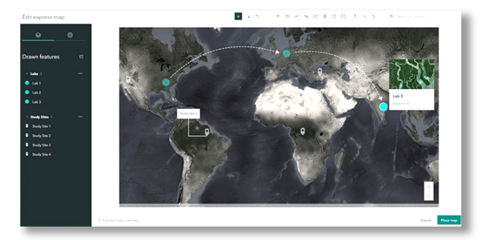 map of the globe in a application interface with points and lines showing a path of travel