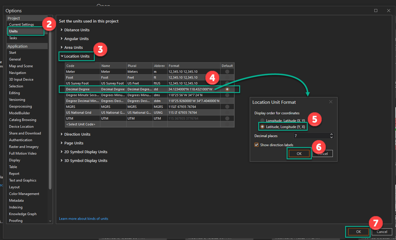 Steps for changing coordinate display in the map