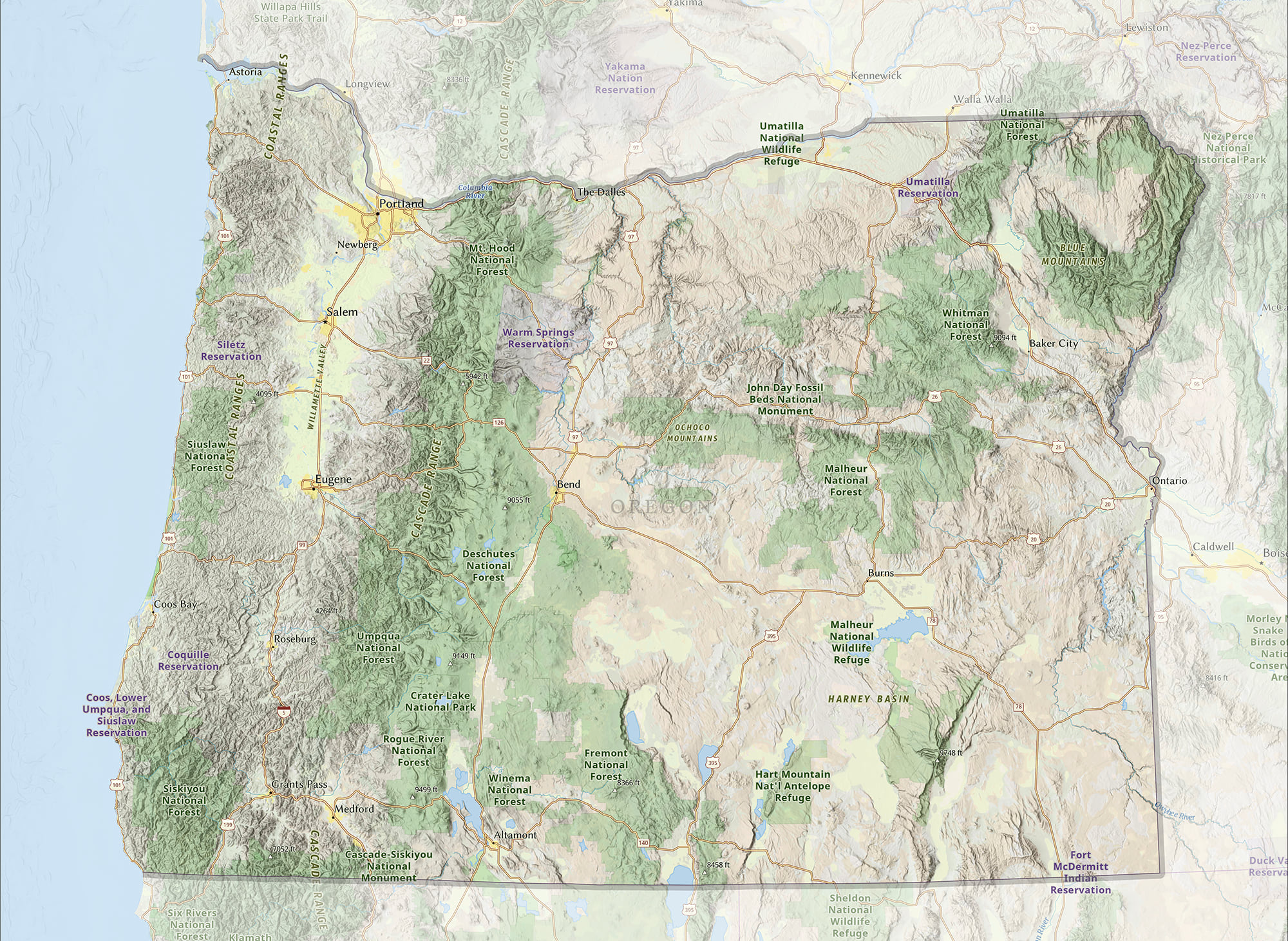 A topographic map of Oregon, built from an adjusted version of the National Geographic Style basemap A topographic map of Oregon, built from an adjusted version of the National Geographic Style basemap
