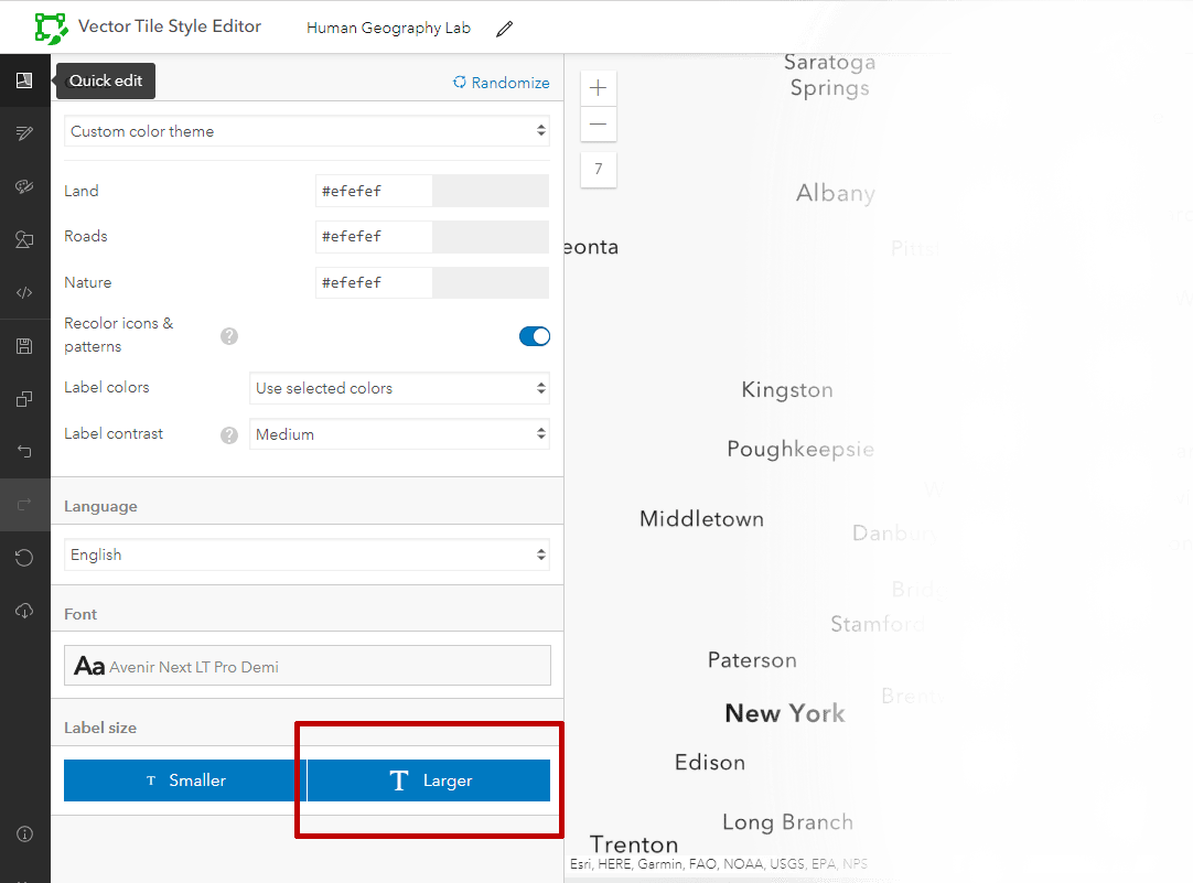 The 'Quick Edit' option in the Vector Tile Style Editor, with the 'Larger' button highlighted. The 'Quick Edit' option in the Vector Tile Style Editor, with the 'Larger' button highlighted.