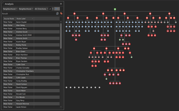 Neighborhood analysis tool set to the second degree on a link chart