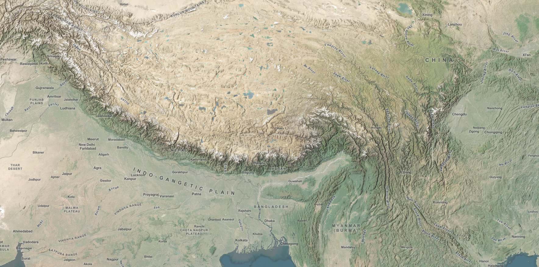 Blended basemaps showing the Himalaya Mountains and beyond.