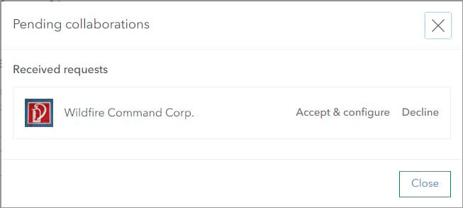 Pending collaborations window showing received request from Wildfire Command Corp