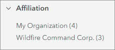 Affiliation filter indicating four members from My Organization (City of Montaña Seca ) and three members from Wildfire Command Corp