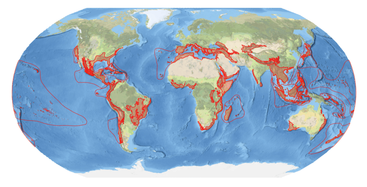 A map of the globe with biodiversity hotspots outlined and shaded in red