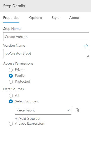 ArcGIS Workflow Manager Create Version step details