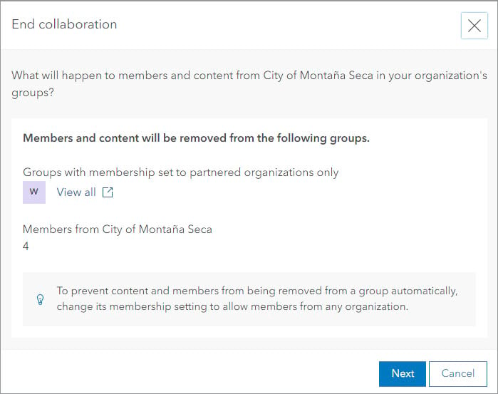 End collaboration window with information about impacts on groups and members of City of Montaña Seca