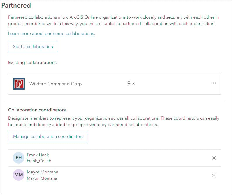 Partnered collaboration section with Wildfire Command Corp listed as existing collaboration and two collaboration coordinators listed