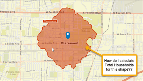 Map of 15-minute walk time around downtown Claremont, CA