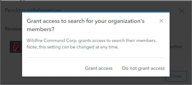 Confirmation window for granting access to the Wildfire Command Corp to search for members of the City of Montaña Seca