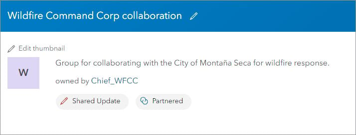 Group overview page for Wildfire Command Corp collaboration group with short description and Shared Update and Partnered badges