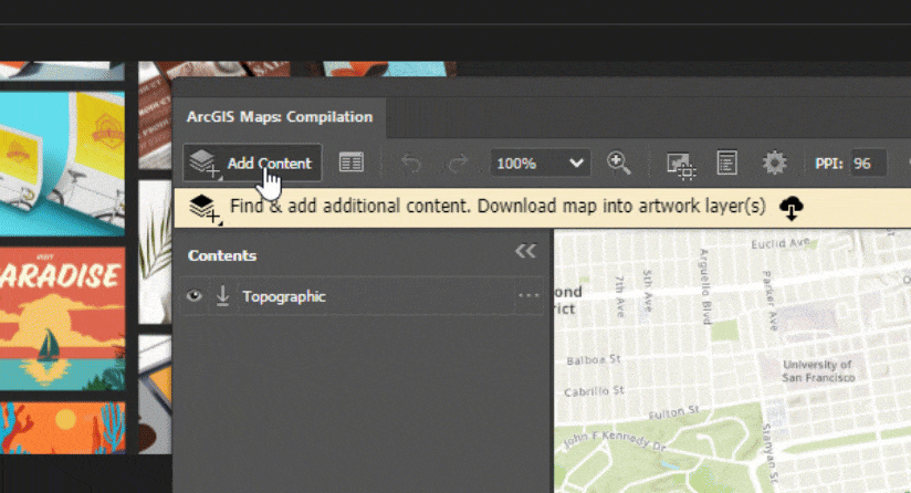The Add Content drop-down menu expanded with the Overwrite from Web Map button activated. The Add Content drop-down menu expanded with the Overwrite from Web Map button activated.