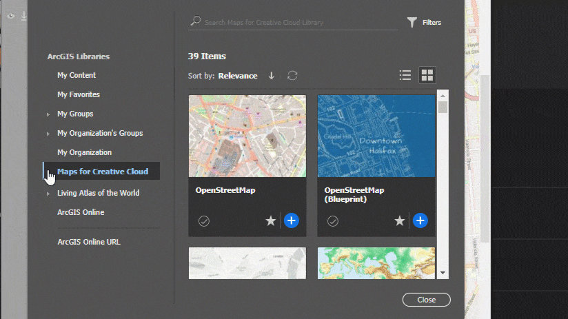 The Overwrite from Web Map window displaying the ArcGIS library for OpenStreetMap Basemaps. The Overwrite from Web Map window displaying the ArcGIS library for OpenStreetMap Basemaps.