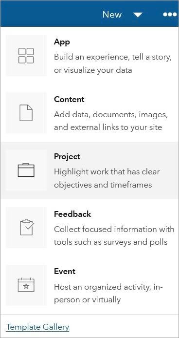 arcgis hub: new project menu