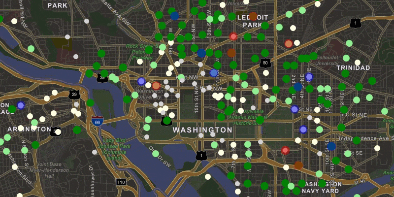 Bike rental stations, read from a data feed, flash when updated.
