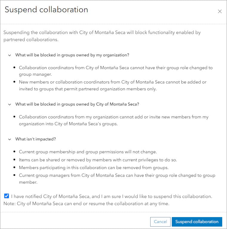 Suspend collaboration window with information about impacts of suspending a collaboration and confirmation check box checked