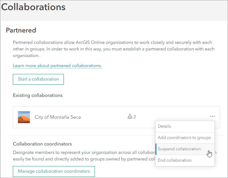 Partnered collaboration section with City of Montaña Seca listed as existing collaboration and Suspend collaboration option indicated