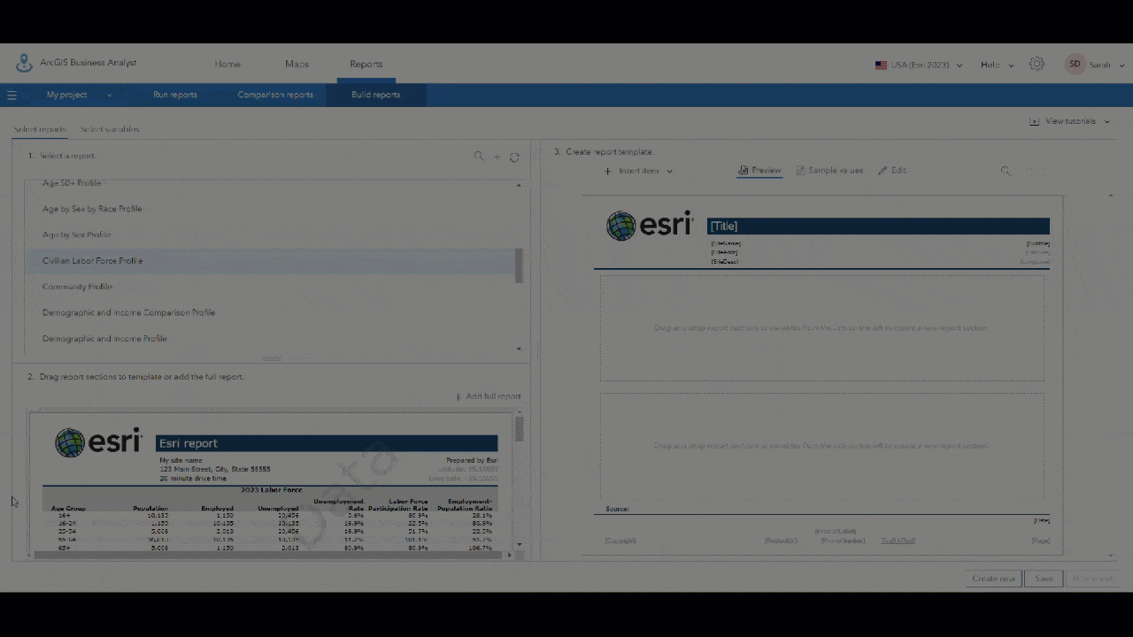 Drag report sections to template