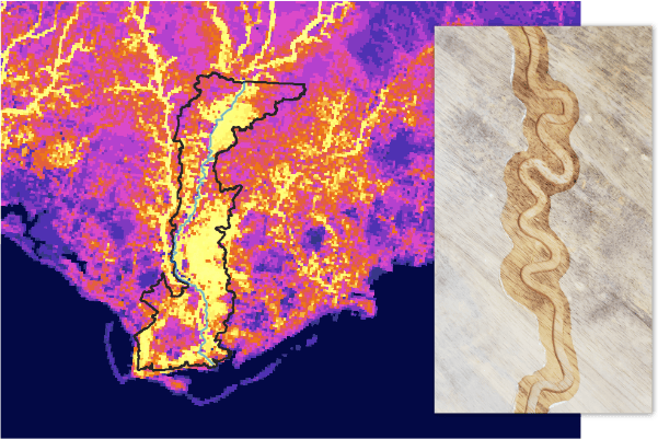 A photo collage with the map of biodiversity importance along the Apalachicola River on the left and a close-up of the sinuous river cut into a wooden tabletop and filled with clear epoxy