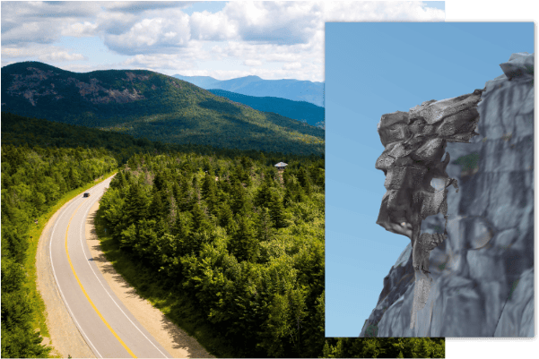 An image collage consisting of a highway sweeping through the forested mountains of New Hampshire and a 3D rendering of the old man of the mountain within the rocky cliff face