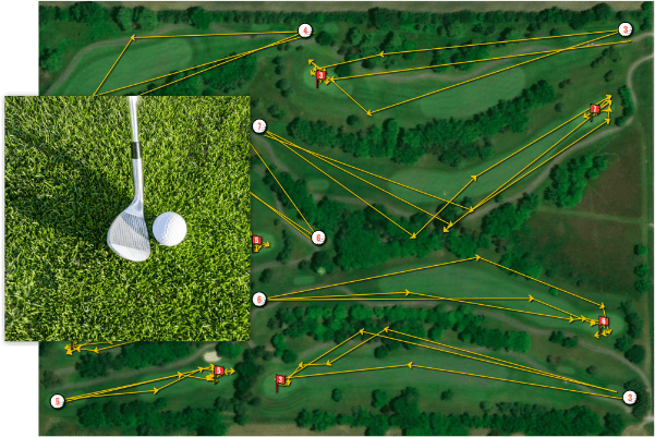 Image collage consisting of a golf club posed next to a golf ball upon grassy turf and an aerial image of a golf course criss-crossed with yellow arrows tracing the path of a players golf ball