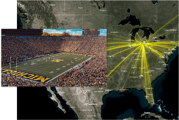 An image of the University of Michigan football stadium overlayed atop a map of their football team recruiting footprint
