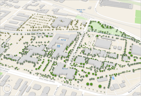 A 3D topographic basemap zoomed to the Esri campus in Redlands, California.