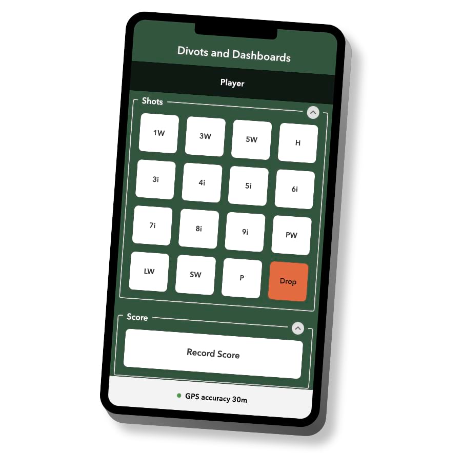 An illustrated mock up of the ArcGIS QuickCapture project used to collection the swing locations. The screen depicts a grid of 24 buttons each labelled with the name of a golf club. Additional interface regions exist to hold the name of the player and a button to record the score.