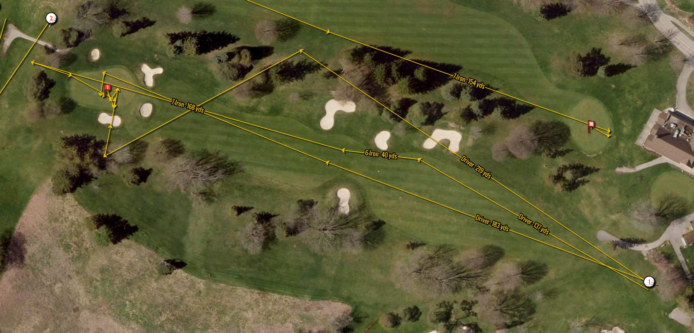 Aerial imagery map of a golf course. Yellow lines, depicting the distance and direction of a golf ball when hit, criss-cross the course.