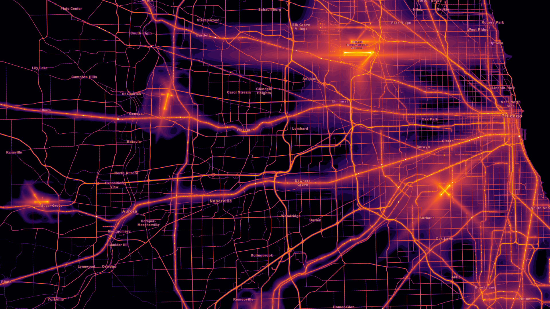 Detail of Chicago showing road, railroad, and aircraft noise. Detail of Chicago showing road, railroad, and aircraft noise.
