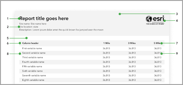 Tabular infographic with styling callouts one through nine